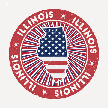 Illinois round stamp. Logo of us state with flag. Vintage badge with circular text and stars, vector illustration.