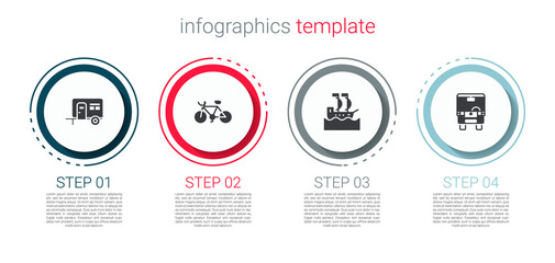 Set Rv Camping trailer, Bicycle, Sailboat and Bus. Business infographic template. Vector