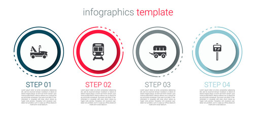 Set Tow truck, Train and railway, Wild west covered wagon and Road traffic signpost. Business infographic template. Vector