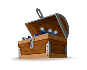 Treasure chest isometric cartoon. Wooden open box full of gold coins and jewels. Precious treasures, crystals, gems and golden coins in pirate chest. Illusration for game user interface