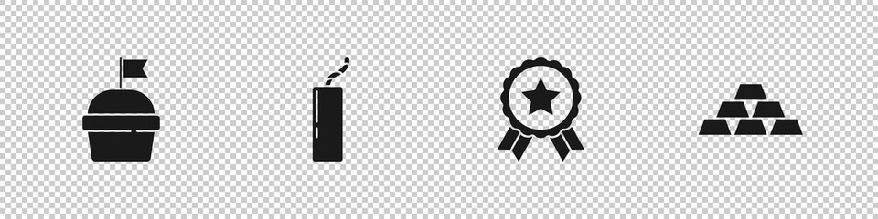 Set Cake, Dynamite bomb, Medal with star and Gold bars icon. Vector