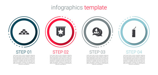 Set Gold bars, American flag, USA Independence day and Dynamite bomb. Business infographic template. Vector