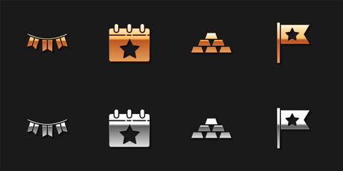 Set Carnival garland with flags, Calendar date July 4, Gold bars and American icon. Vector