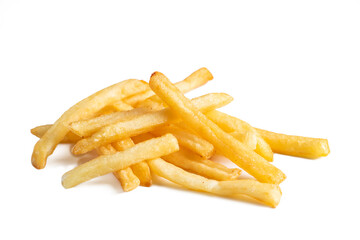 Appetizing french fries on white background. Hot fast food. Place for text.