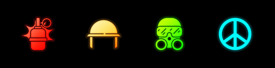 Set Hand grenade, Military helmet, Gas mask and Peace icon. Vector
