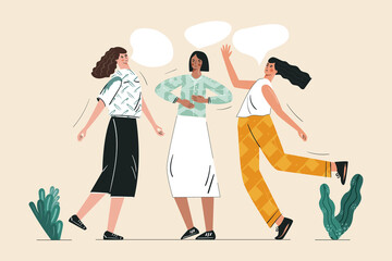 Young women performing breath control exercise together. Inner peace and energy exercise for female, girl's mental and physical wellness. Breathe in and out for relax. Flat vector cartoon illustration