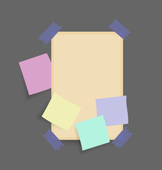 Paper notes stickers. Place for memo messages on paper sheets. Blank sticky place for to do list and office notice or information board