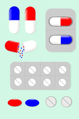 Set of vector pills and capsules isolated on background. Medicines, tablets, capsules, pain relievers, antibiotics, vitamins