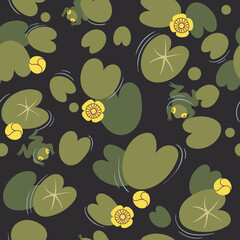 Seamless pattern with  yellow water lily (Nuphar Lutea) on a dark background. Floral print with aquatic plants. Botanical texture.