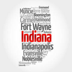 List of cities in Indiana USA state, map silhouette word cloud map concept