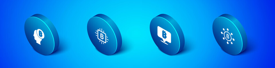 Set Isometric Bitcoin think, , Blockchain technology and CPU mining farm icon. Vector