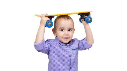 Little boy holding a skateboard above his head, white background