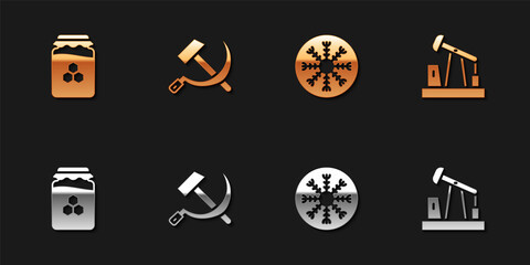 Set Jar of honey, Hammer and sickle USSR, Snowflake and Oil pump or pump jack icon. Vector