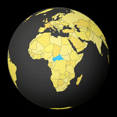 CAR on dark globe with yellow world map. Country highlighted with blue color. Satellite world projection centered to CAR. Attractive vector illustration.