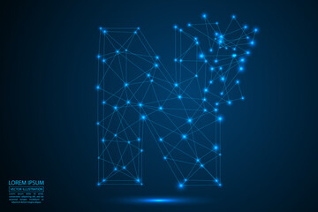 The destruction of the abstract font of  letters consists 3d of triangles, lines, dots and connections. On a dark blue background cosmic universe stars, meteorites, galaxies. Vector eps 10.