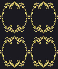 Vintage seamless pattern of golden swirls. Vector print. Classic decorative element on a black background.