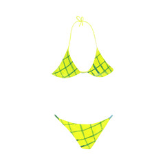Watercolor swimsuit isolated on a white background. Yellow beach cloth for your design. Cute beach wear clipart. Female swimming suit illustration. Summer swimwear.