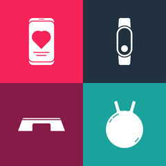 Set pop art Kettlebell, Step platform, Smartwatch and Mobile with heart rate icon. Vector