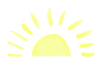 Sun isolated on a white background. Watercolor sunset clipart. Hand-drawn summer illustration. Yellow sun for your design. Cut sunlight silhouette.