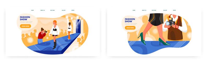 Fashion show landing page design, website banner vector template set. Young women models walking on catwalk podium.