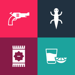 Set pop art Tequila glass with lemon, Mexican carpet, Lizard and Revolver gun icon. Vector