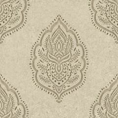 Seamless embossed paper texture for print. High quality illustration. Beige taupe or tan paper texture with embossed abstract ethnic tribal design overlay. Seamless repeat raster jpg pattern swatch.