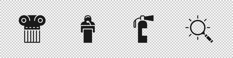 Set Ancient column, Gives lecture, Fire extinguisher and Magnifying glass icon. Vector