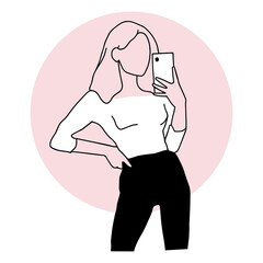 A beautiful girl makes a selfie in the mirror. Stylish clothes and hairstyle, model pose. Outline drawn silhouettes, sketch. Lines, spots, abstract background. Modern vector illustration, minimalism.
