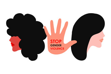 Stop domestic violence. Two girls with black hair on the background of a hand with an inscription against violence. The concept is intended for a crisis care center or for the protection of women s