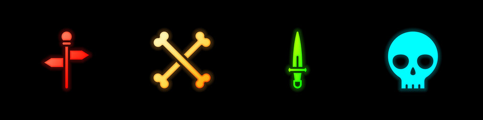 Set Road traffic signpost, Crossed human bones, Dagger and Human skull icon. Vector