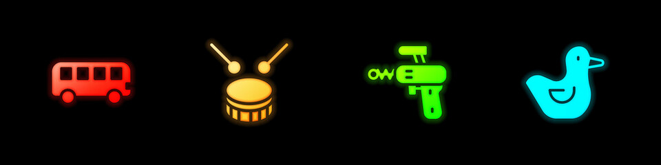 Set Bus toy, Drum with drum sticks, Ray gun and Rubber duck icon. Vector