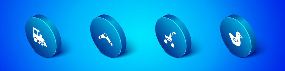 Set Isometric Toy train, Baby stroller, Rubber duck and Boomerang icon. Vector