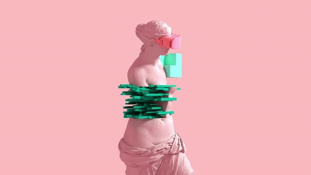 3D Glitch Of Venus De Milo On Pink Background. Concept Of NFT Technology. 3D Animation. 4K. Ultra High Definition.