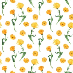 Gordijnen Calendula in seamless pattern on white background. Orange flower with green leaves. Watercolor hand drawn illustration. Calendula officinalis for medical design. © Kaya Gach
