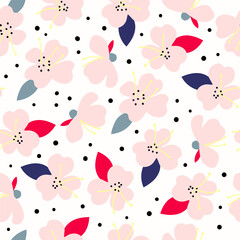 Cute floral seamless pattern in minimalistic style - pink flowers and polka dots on white background. Flower repeated texture for stylish fabric design or wrapping paper.