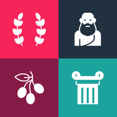 Set pop art Ancient column, Olives branch, Socrates and Laurel wreath icon. Vector