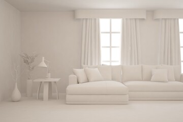 White minimalist living room with sofa. Scandinavian interior design. 3D illustration