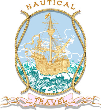 recommend clip art: vector image of the emblem of sea voyages, regattas, cruises in the style of retro graphic line art
