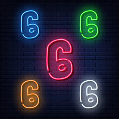 Neon numbers, five colors red, blue, green, yellow, white. Isolated font on dark blue brick wall background. Vector illustration eps 10.