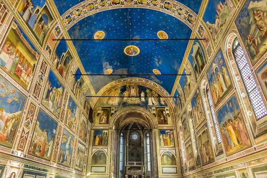 Interior of Padua Scrovegni Chapel. Scrovegni Chapel, a masterpiece in history of painting in Italy and Europe in XIV century, most complete series of frescoes. PADUA, ITALY. January 6, 2018.