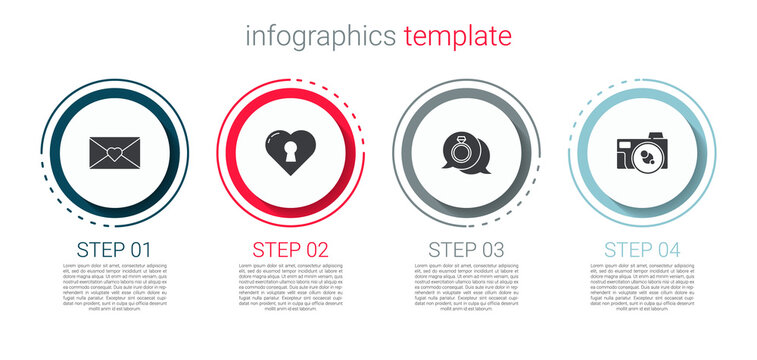 Set Envelope with Valentine heart, Heart keyhole, Diamond engagement ring and Photo camera. Business infographic template. Vector
