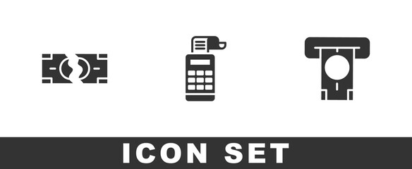 Set Tearing money banknote, Cash register machine and ATM and icon. Vector