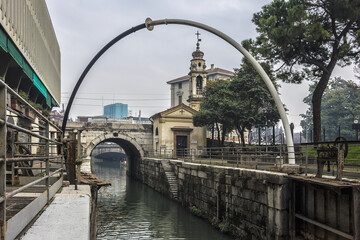 View of Piovego canal and Porte Contarine. Porte Contarine, inspired by model of Leonardo da Vinci,...