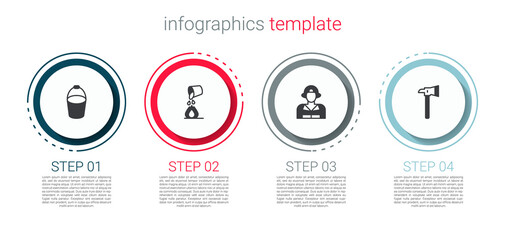 Set Fire bucket, Bucket extinguishing fire, Firefighter and axe. Business infographic template. Vector