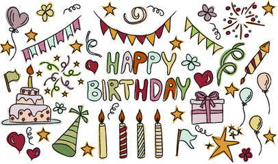 Birthday
colorful doodle set. Party and holiday design with balloons, gifts, fireworks, ribbon, confetti, cake, stars, candles. Hand drawn illustrations