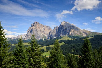 Sassolungo e Sassopiatto dall'alpe di Siusi, Dolomiti	