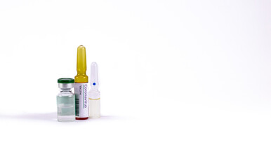 Two generic ampoules with one having Corona Virus Vaccine label and an a medicine vial for its cure.