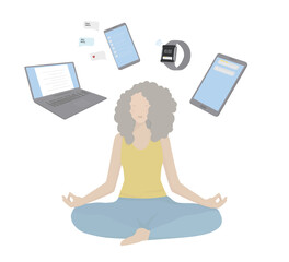 Digital detox concept. Refrains from using digital devices such as smartphones, computers, and social media. The girl meditates ignoring technological devices. Isolated vector illustration.