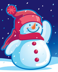 Cartoon vector illustration of a cute snowman with a carrot nose. Snowing winter time.