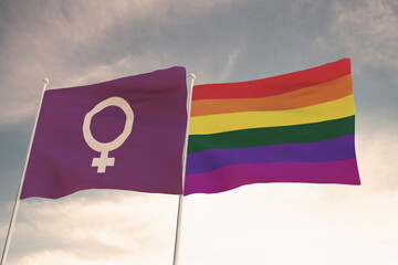 Beautiful flag of LGBT pride waving with the strong wind and pro-abortion feminists  3D RENDER, 3D...
